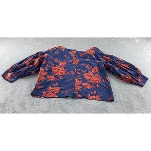 Odille Anthropologie Navy Orange Floral Puff Sleeve Button Back Blouse Size 12